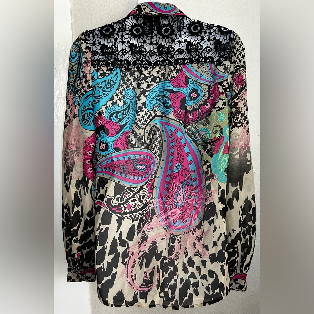 Bisou Bisou Multicolor Paisley Lace Detail Blouse Size M - Picture 2 of 7